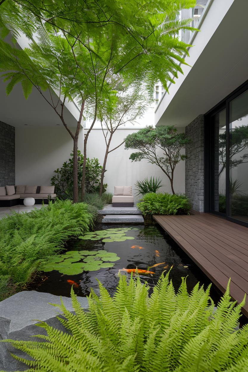 Contemporary garden with a koi pond and lush greenery