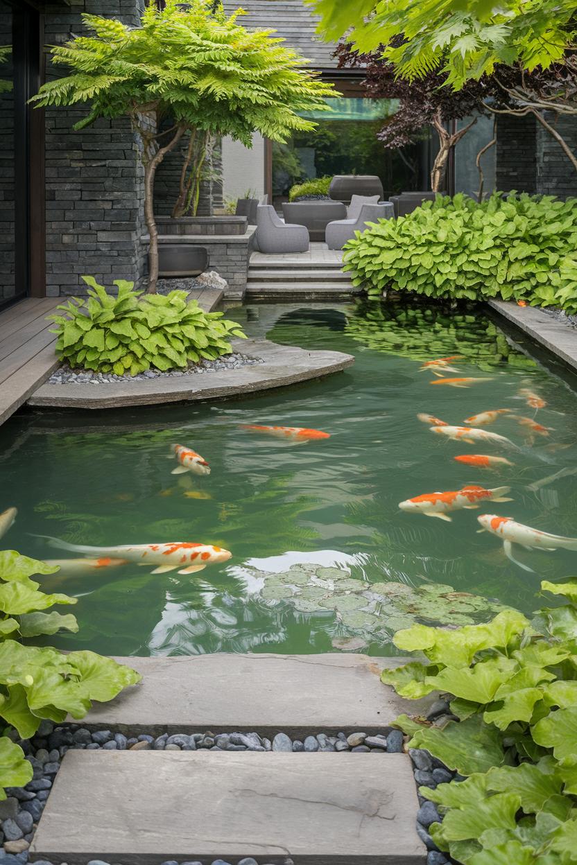 Graceful koi swim through a modern, leafy pond