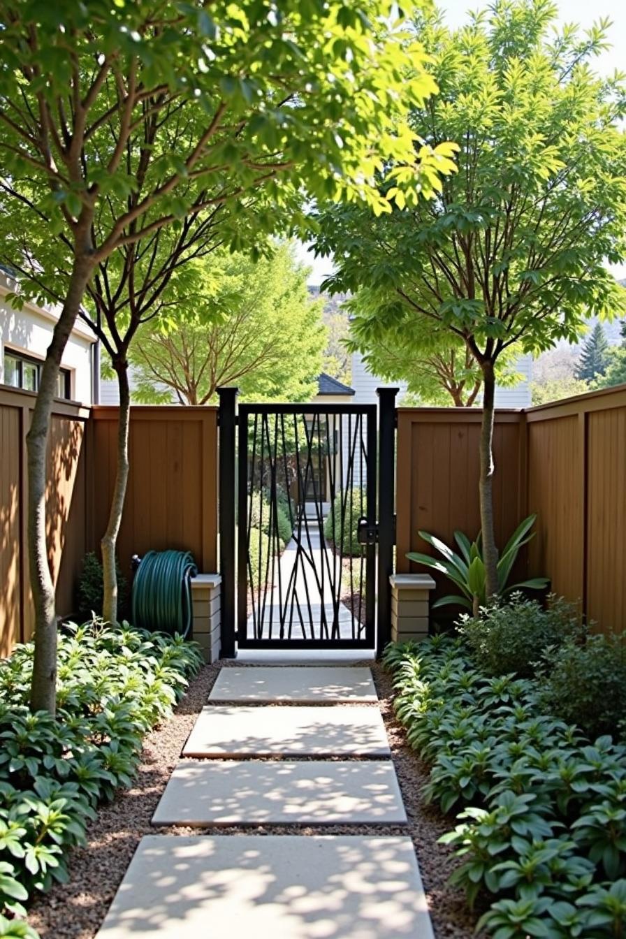 Minimalist black iron gate with lush garden