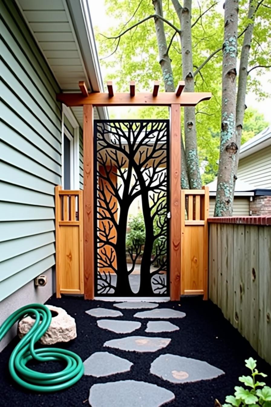 A side garden characterized by a harmonious blend of natural and constructed elements reveals a serene path of stone slabs leading to a striking metal