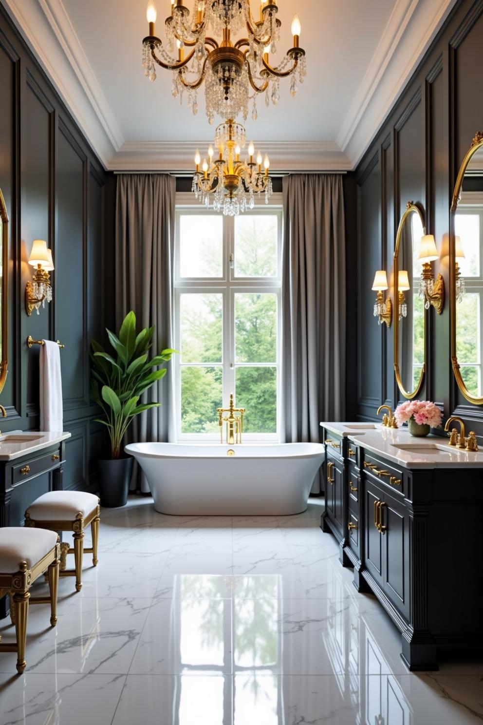 Elegant bathroom with gold accents and chandelier