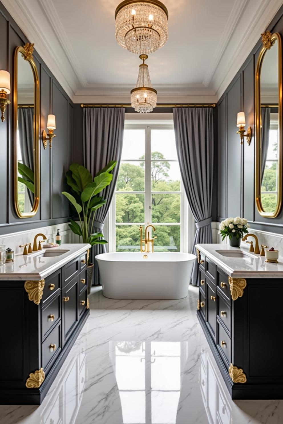 Elegant black and gold bathroom with a freestanding tub and large window view