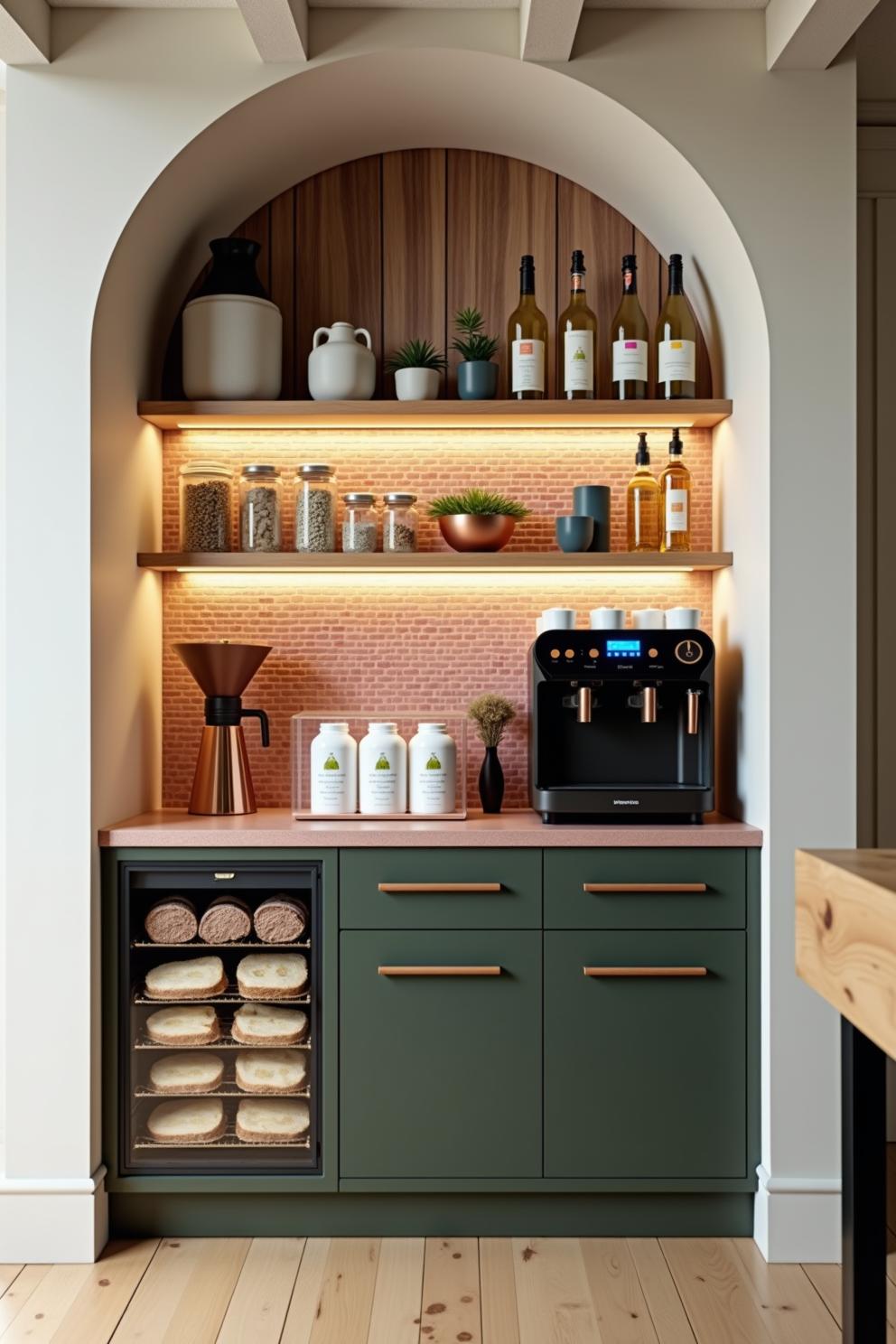 Stylish coffee bar with bottles, jars, and espresso machine