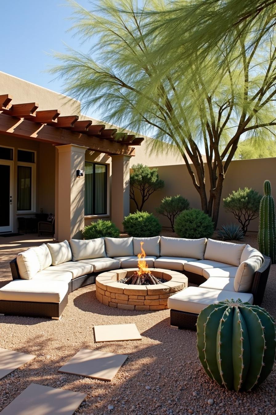 Desert backyard with fire pit and seating