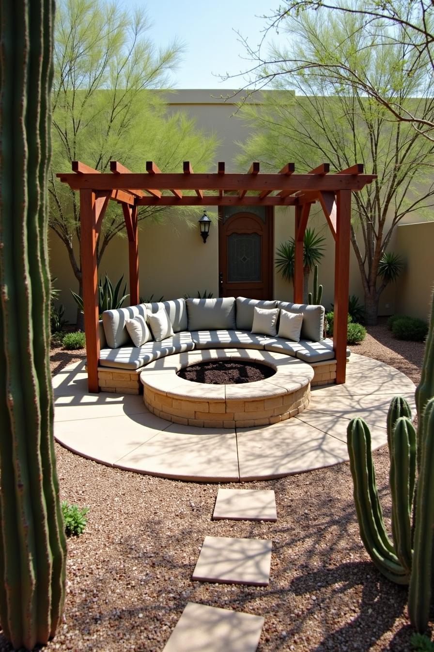 Cozy patio with round seating and pergola