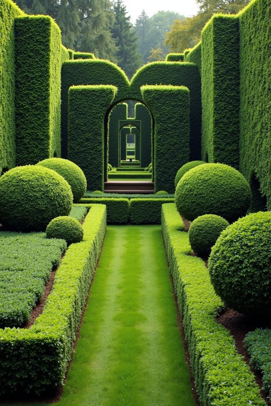 A lush garden with arches and spherical topiaries