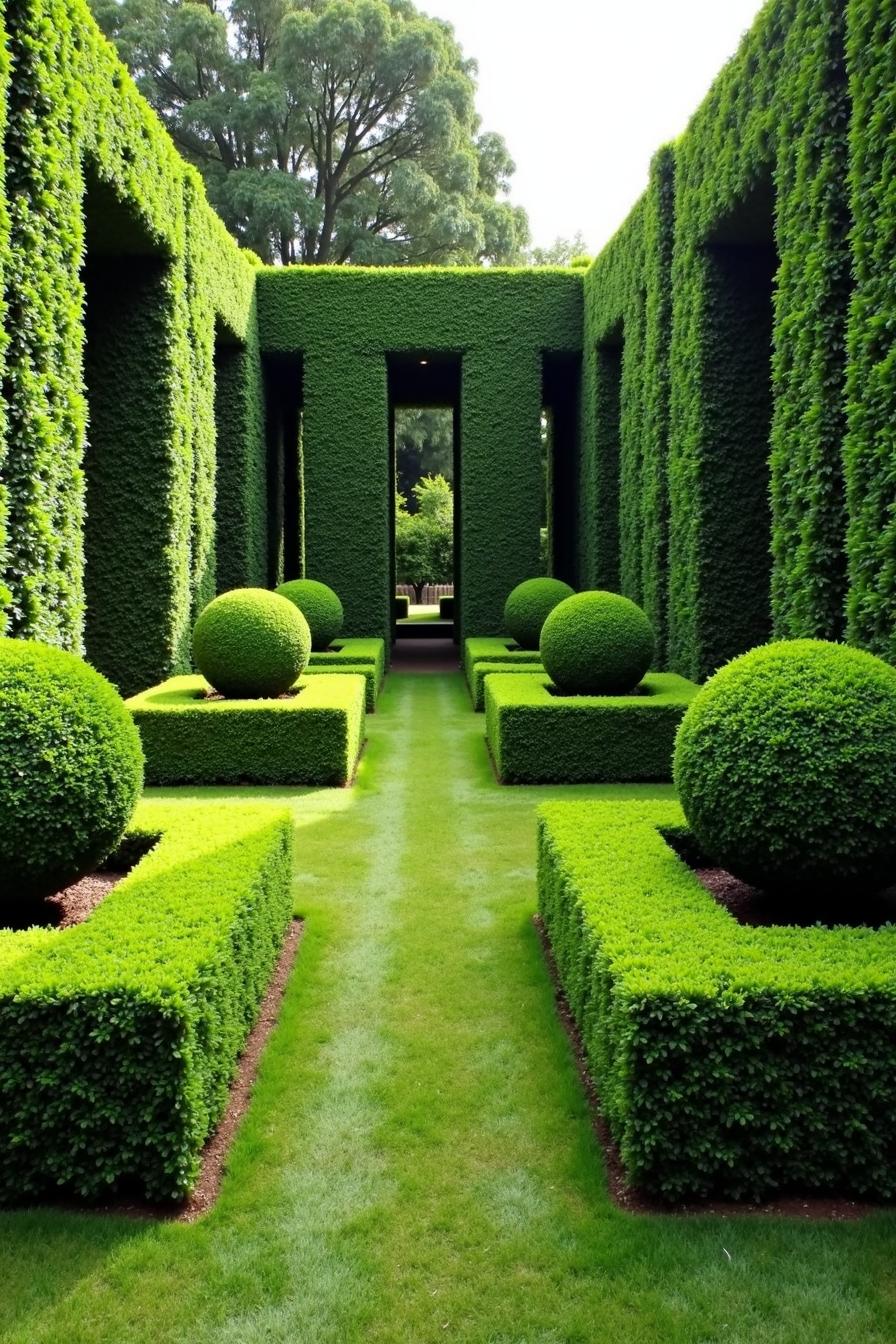 Lush green garden with spherical topiary designs