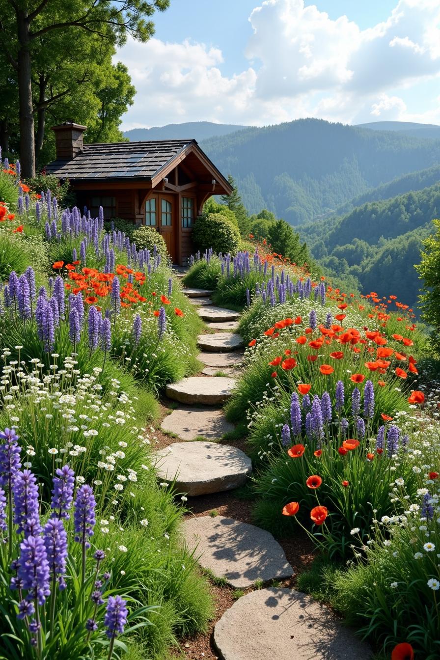 Charming stone path through vibrant flower garden by a cabin