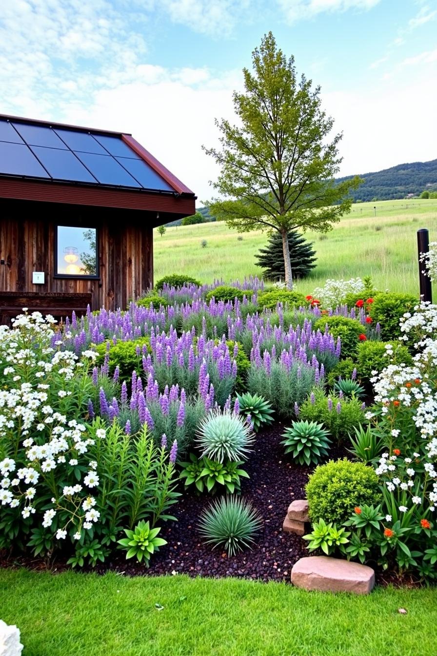 Colorful flowers and greenery on a sloped garden with a wooden house nearby