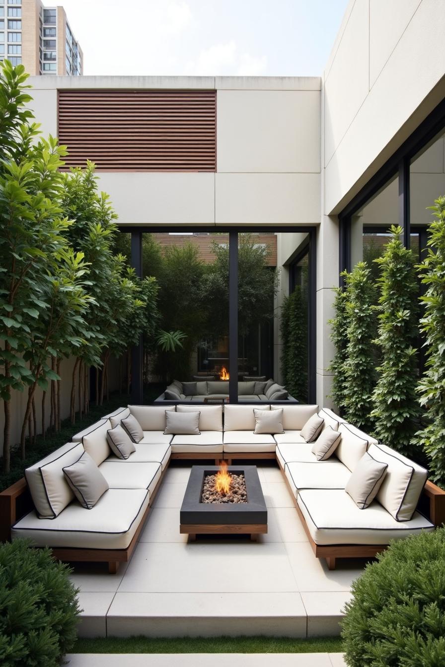 Rooftop garden with seating and a fire pit