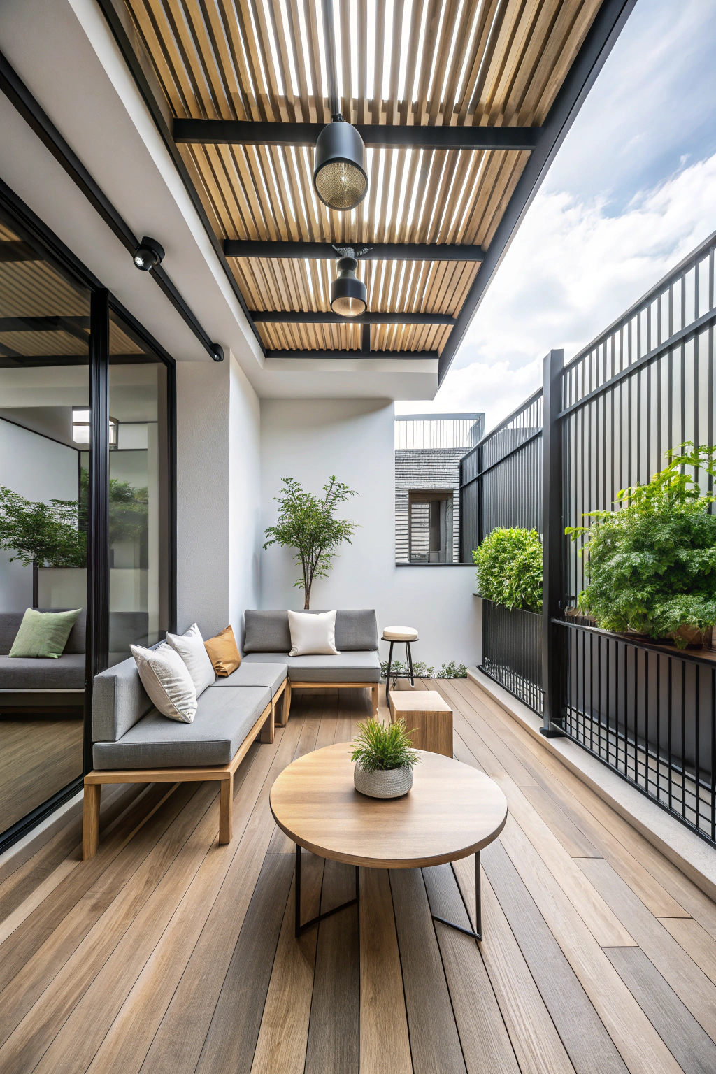 Modern terrace with wooden decor and plants