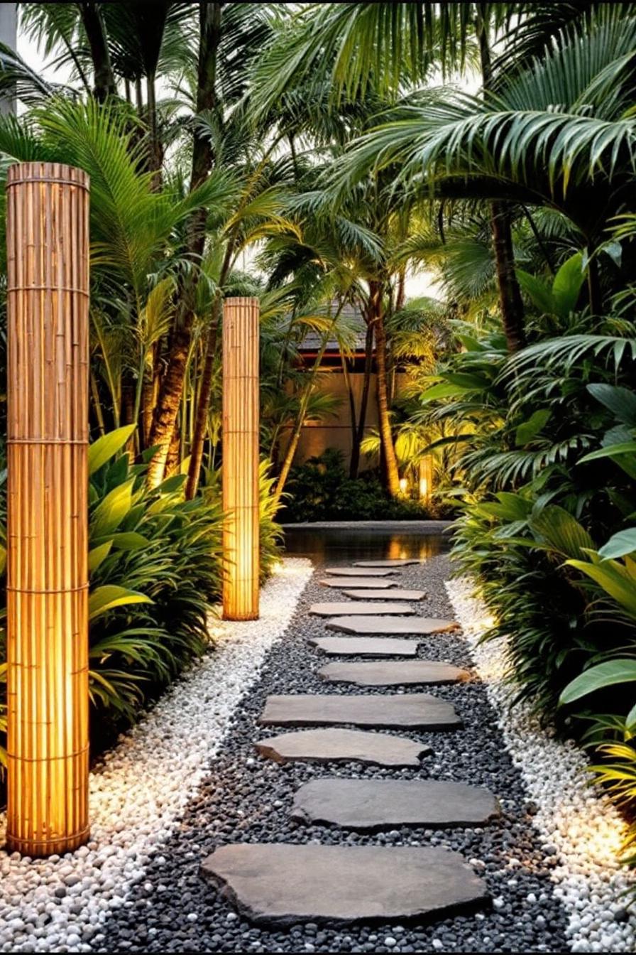 Stone path with bamboo lights surrounded by lush tropical plants