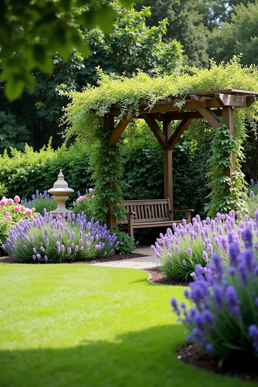 Lush garden with vibrant lavender and wooden pergola