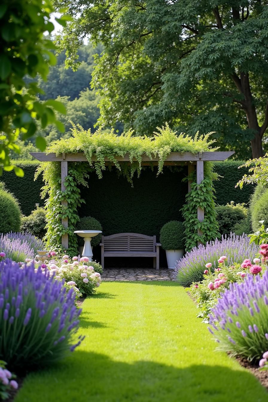 Lush garden path leading to a wooden bench under a pergola