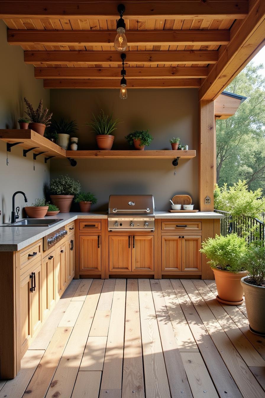 Rustic outdoor kitchen with wooden cabinetry and greenery