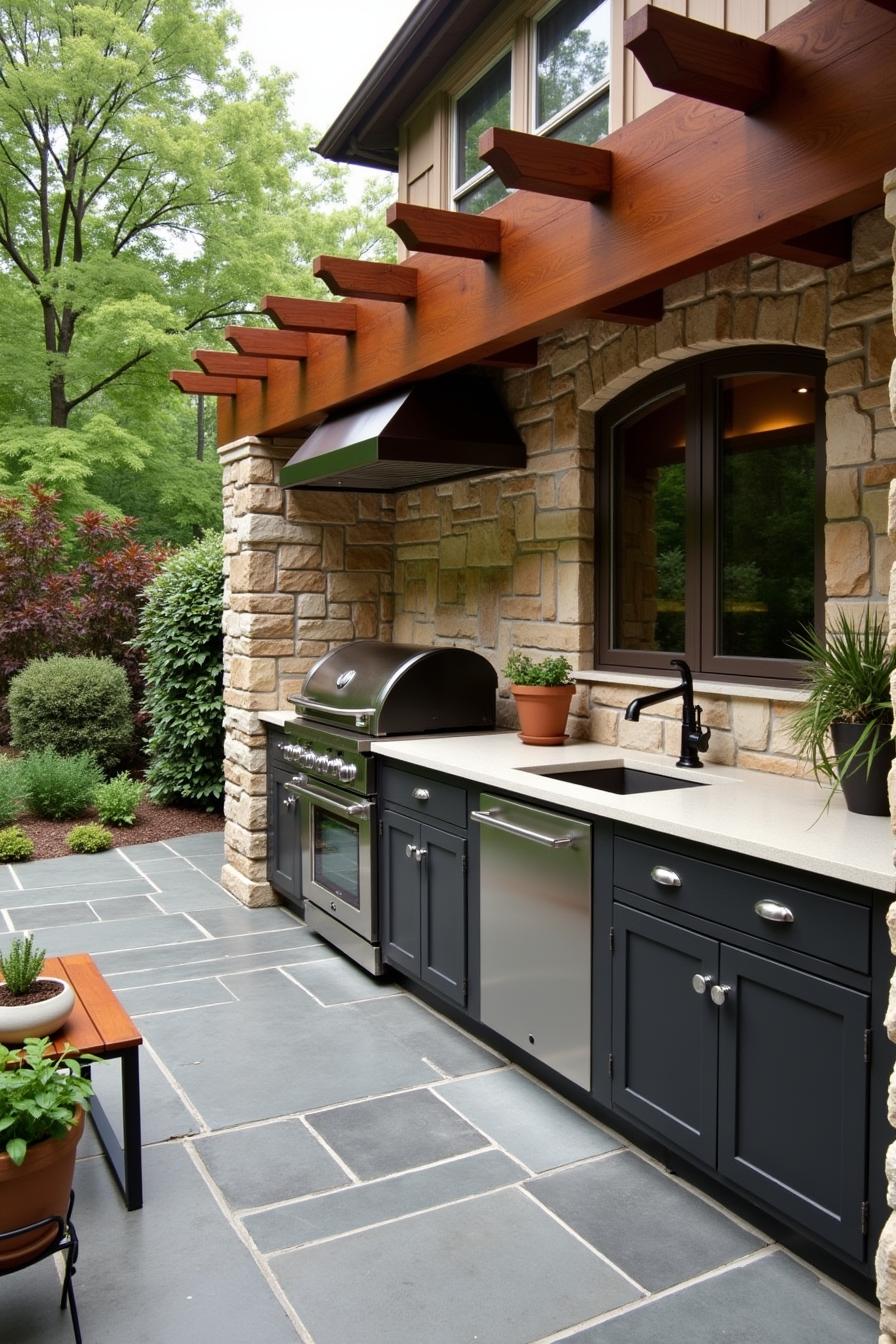 Outdoor kitchen with stone walls and stainless steel grill