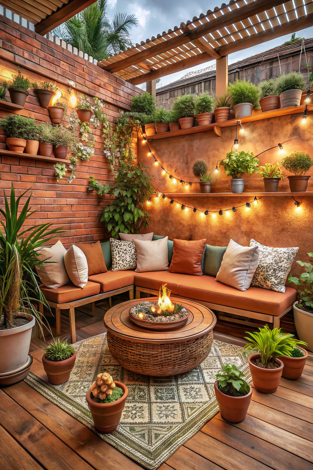 Cozy terrace with string lights and potted plants