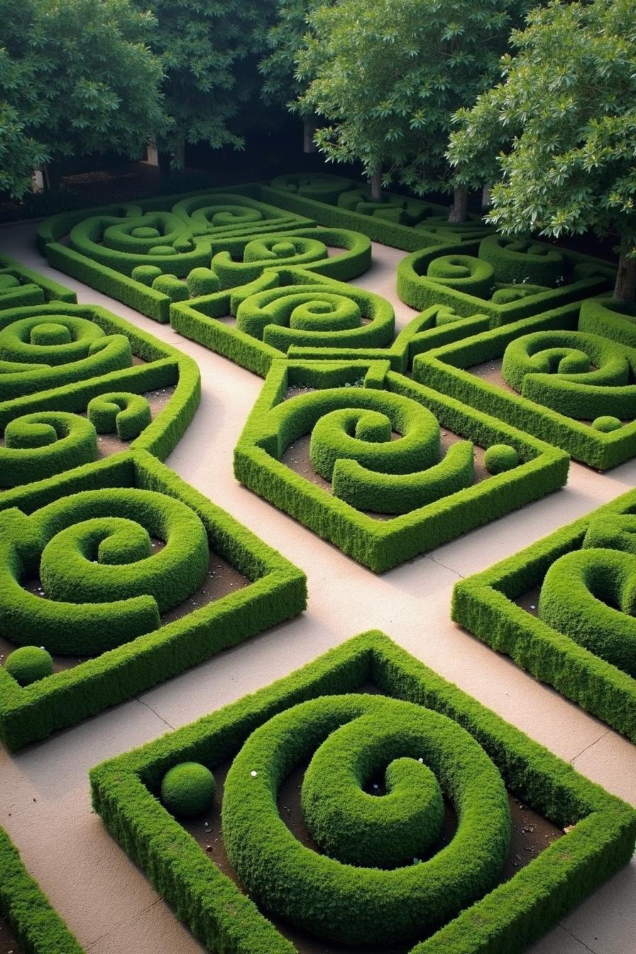 Artistic topiary spirals in a manicured garden