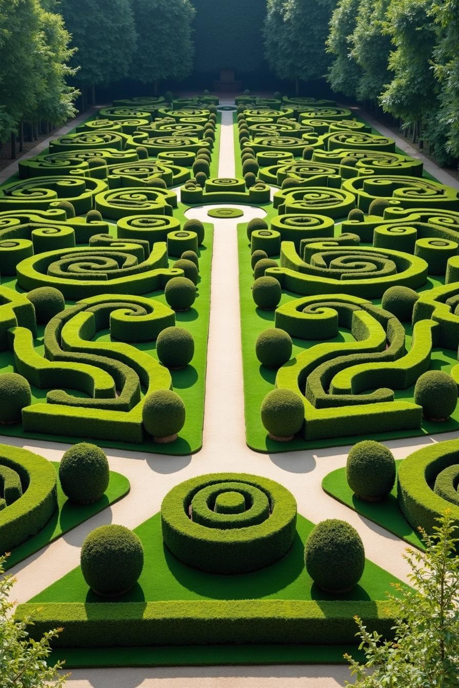 Ornate green topiary garden with swirling patterns