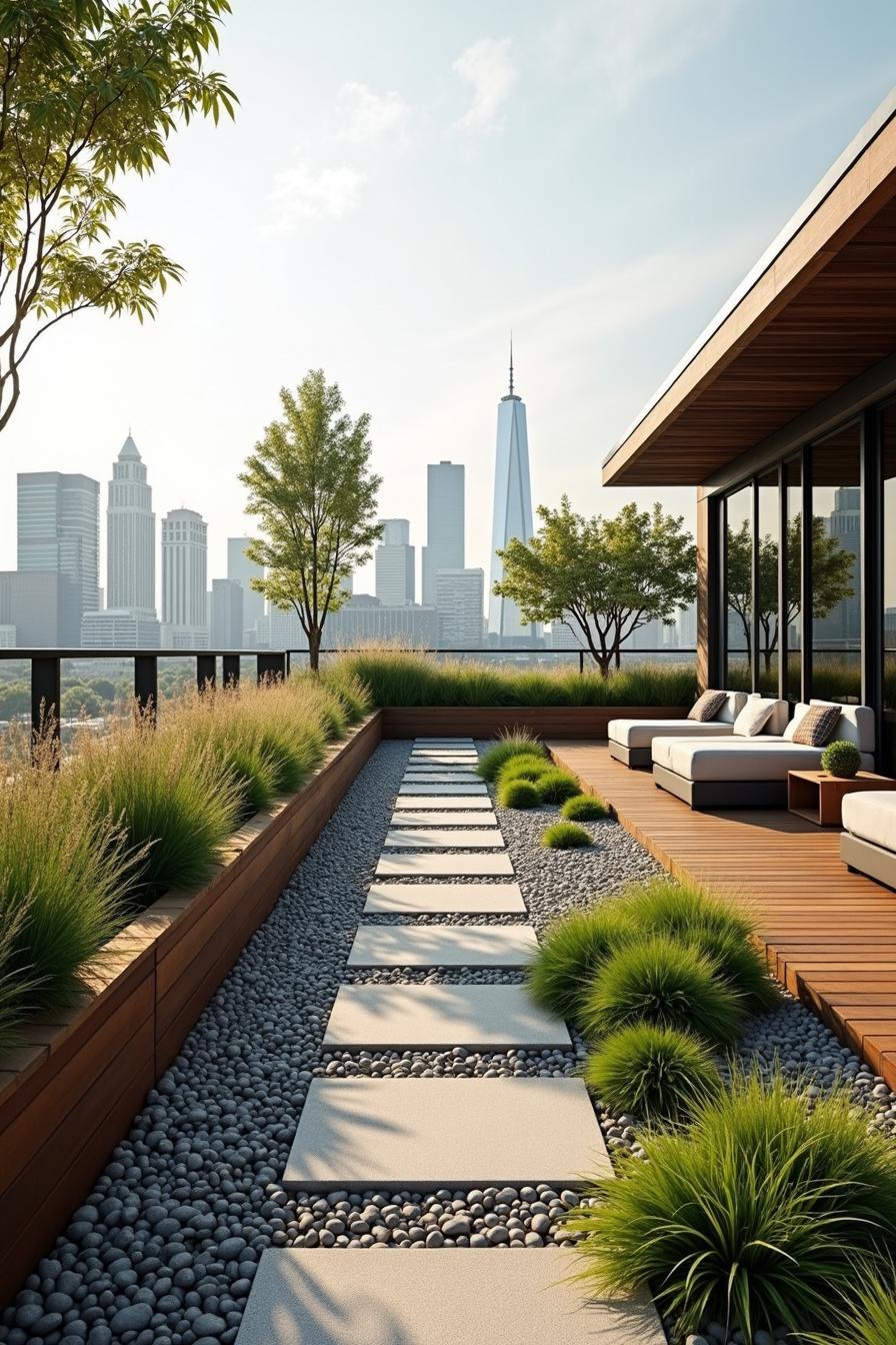 Modern rooftop garden with city skyline