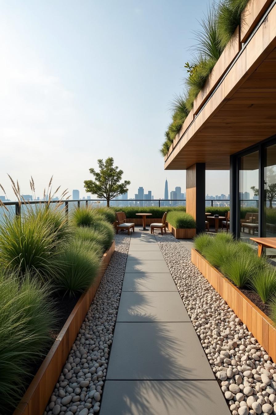 Modern rooftop garden with seating and city skyline