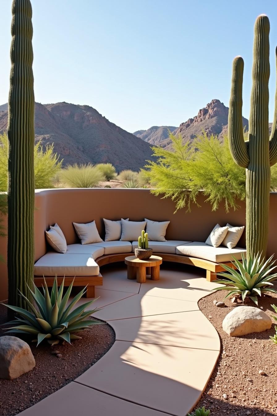 Outdoor seating area with desert plants and mountain backdrop