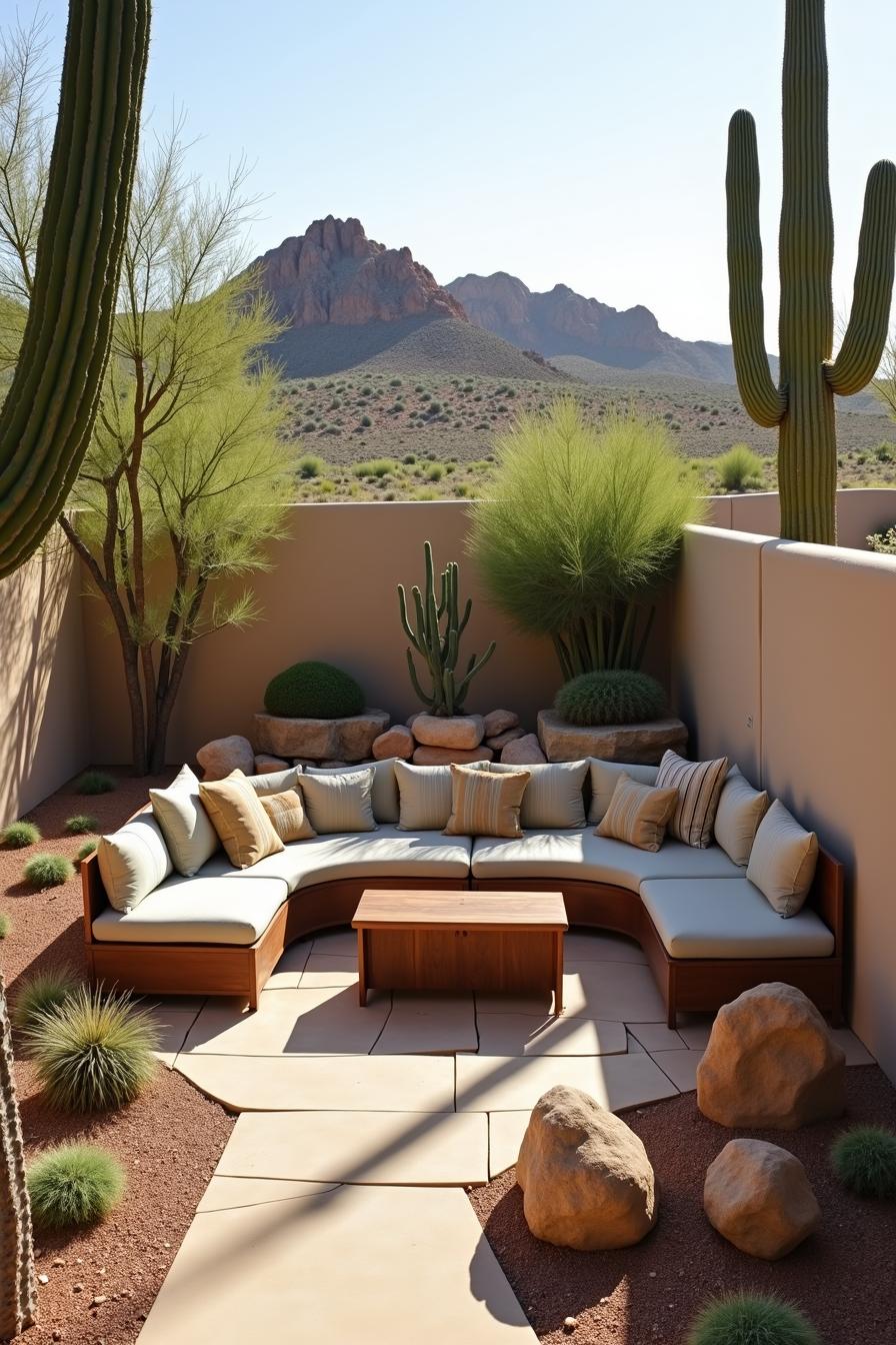 Cozy desert courtyard with cactus and seating