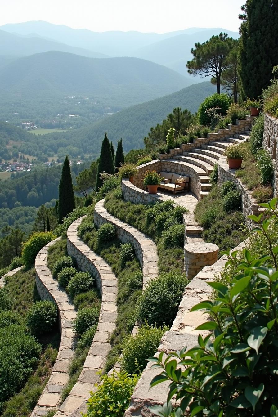 Terraced garden with stone paths and greenery on a hillside