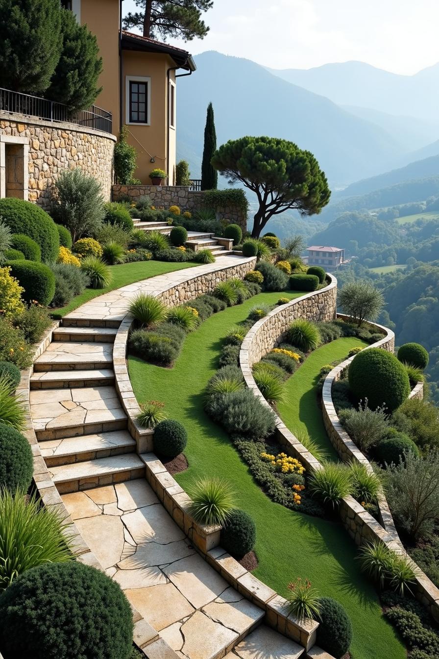 Terraced garden on a hillside with stone pathways