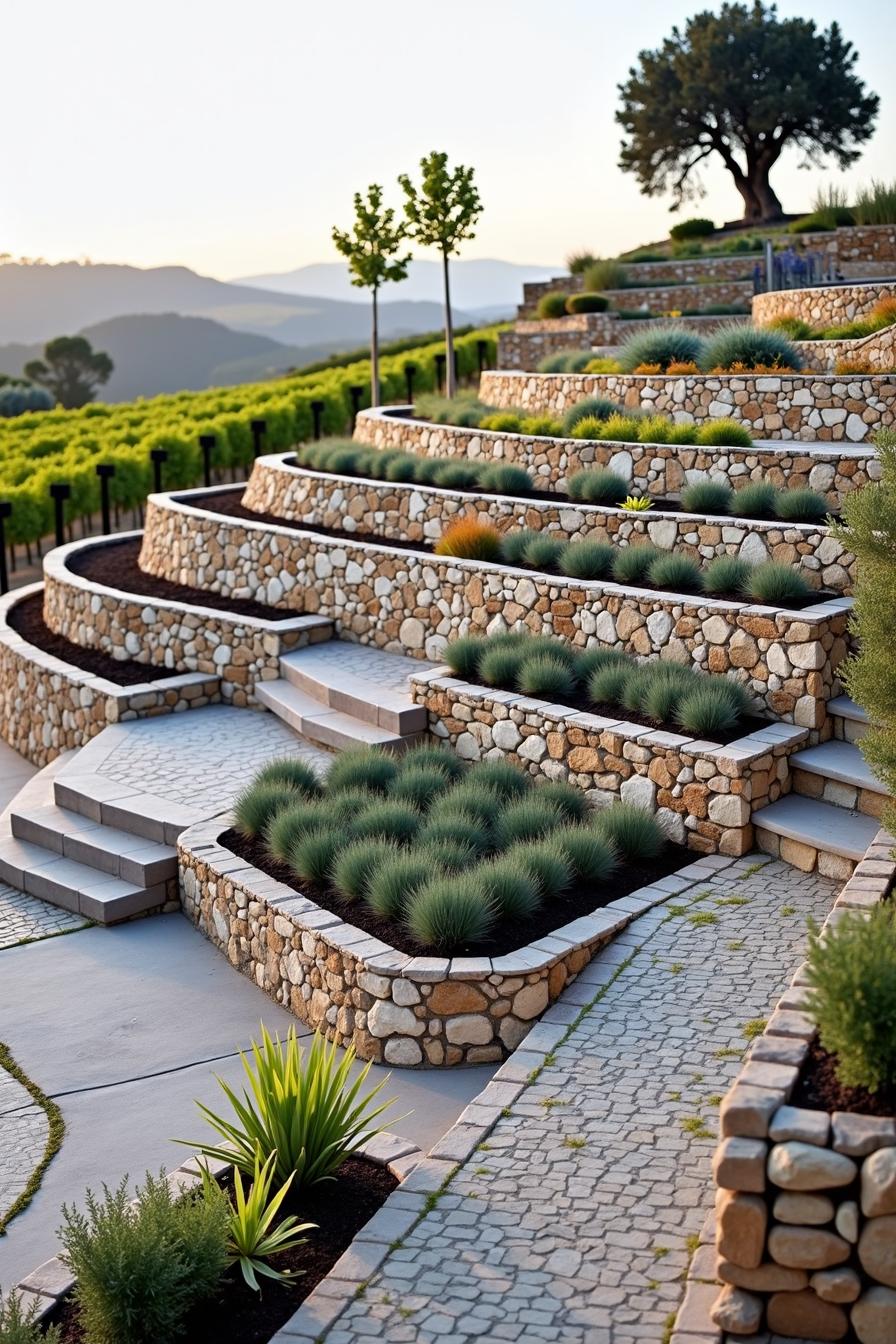 Tiered stone terraces with plants against a scenic backdrop