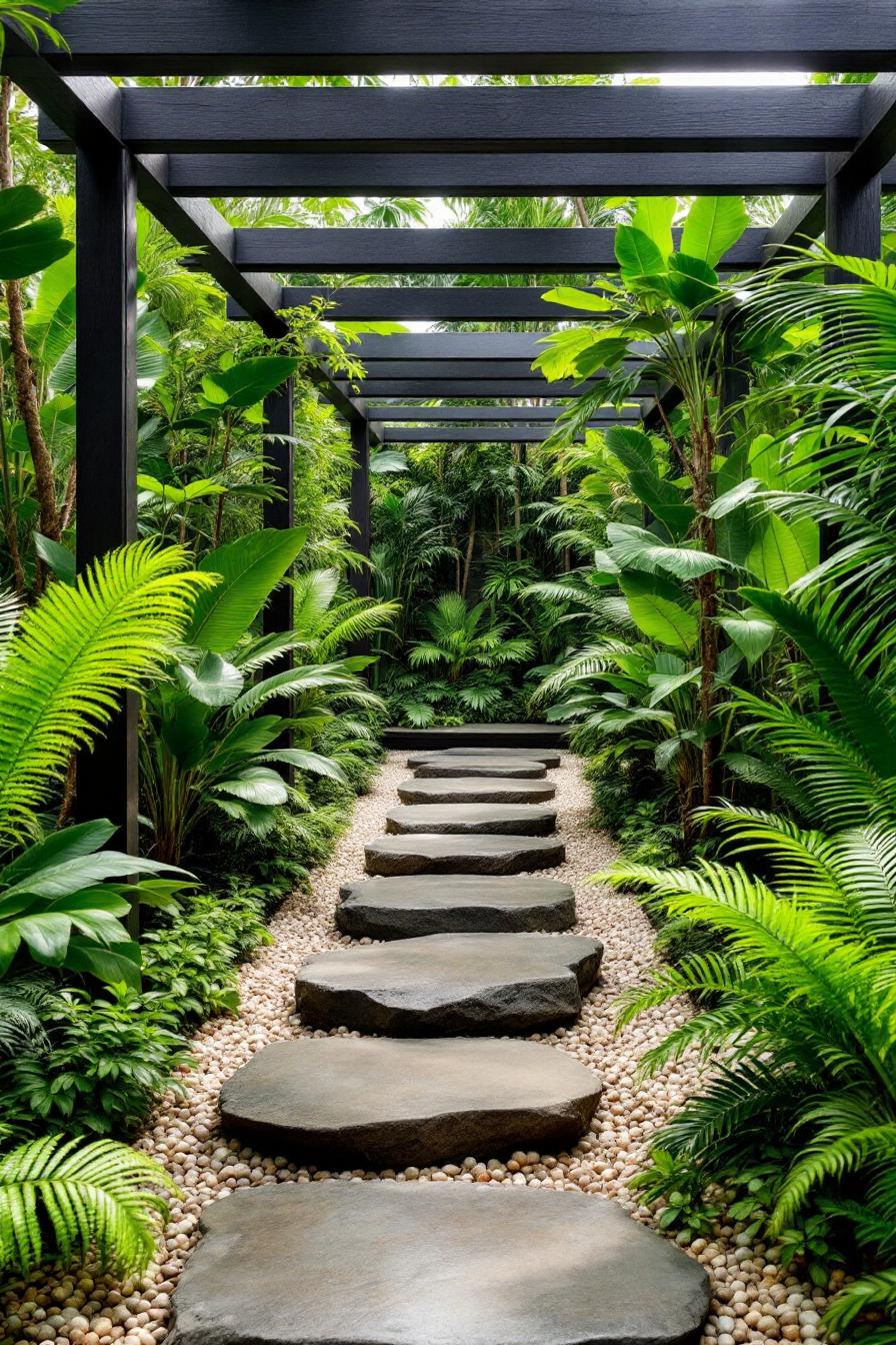 Tropical garden pathway with stone steps and lush greenery