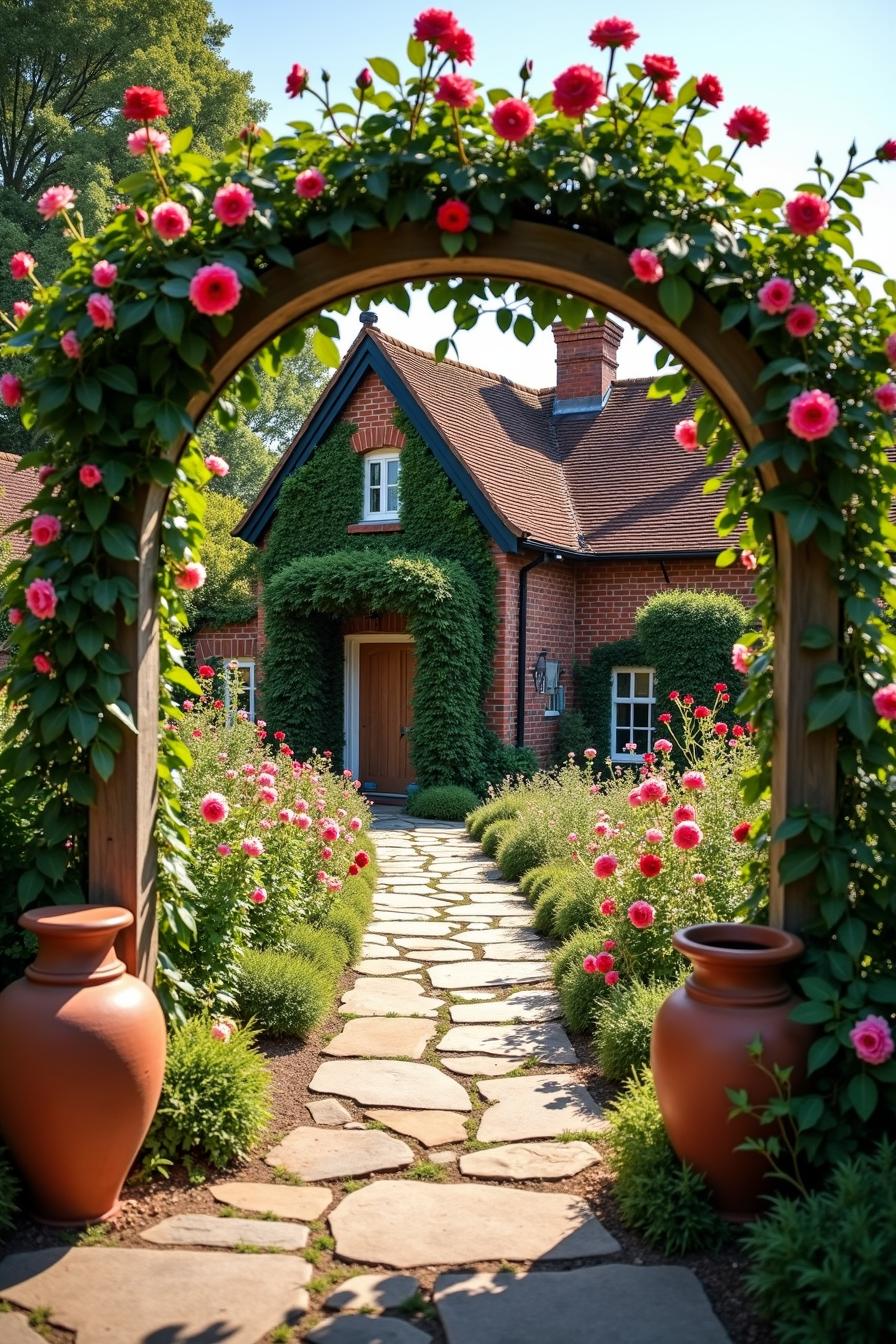 A stone path leading through a vibrant country garden