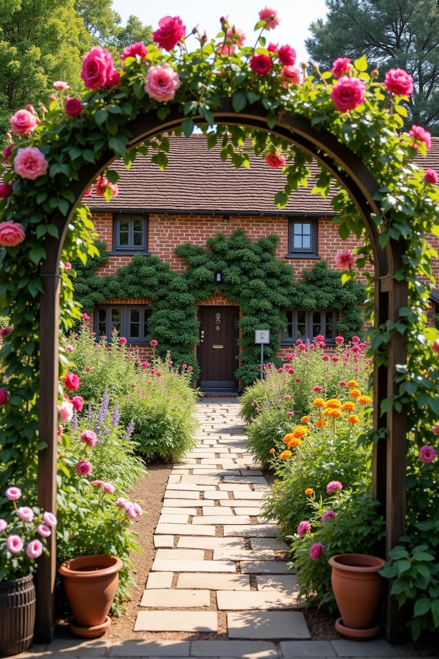 Stone path leading to a cottage surrounded by vibrant garden flowers under a rose arch