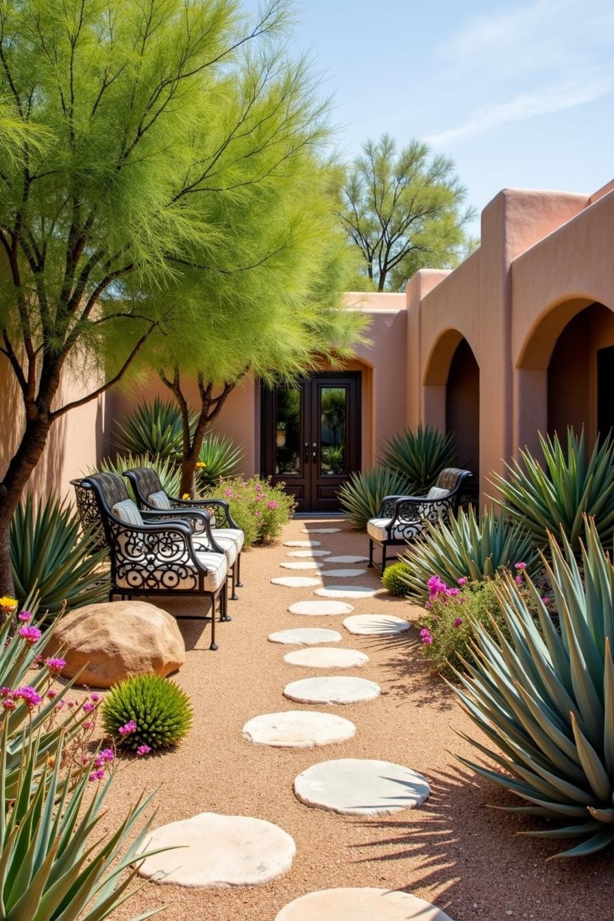 Charming desert courtyard with stone pathway and lush succulents