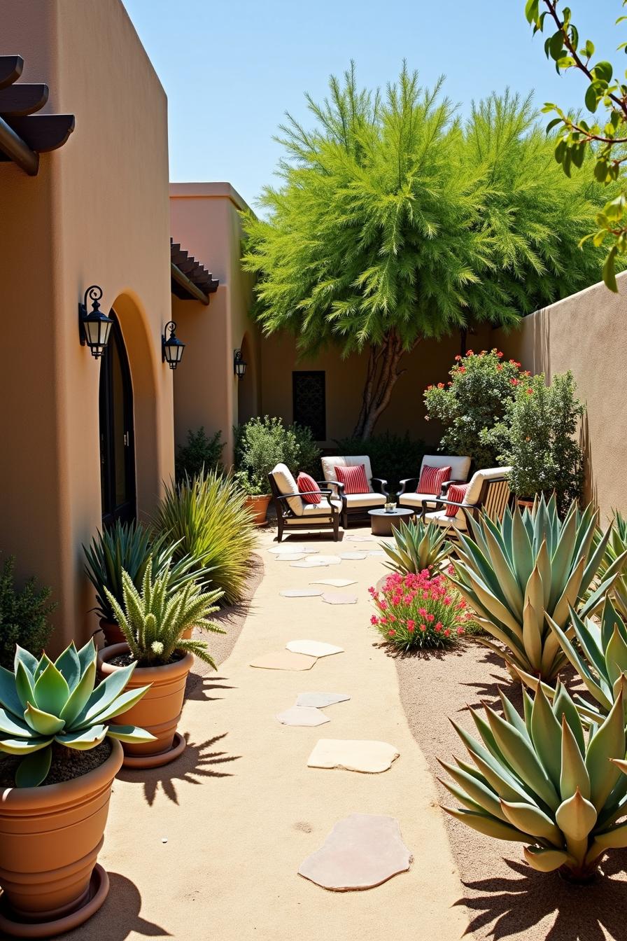 Desert patio with seating area and potted plants