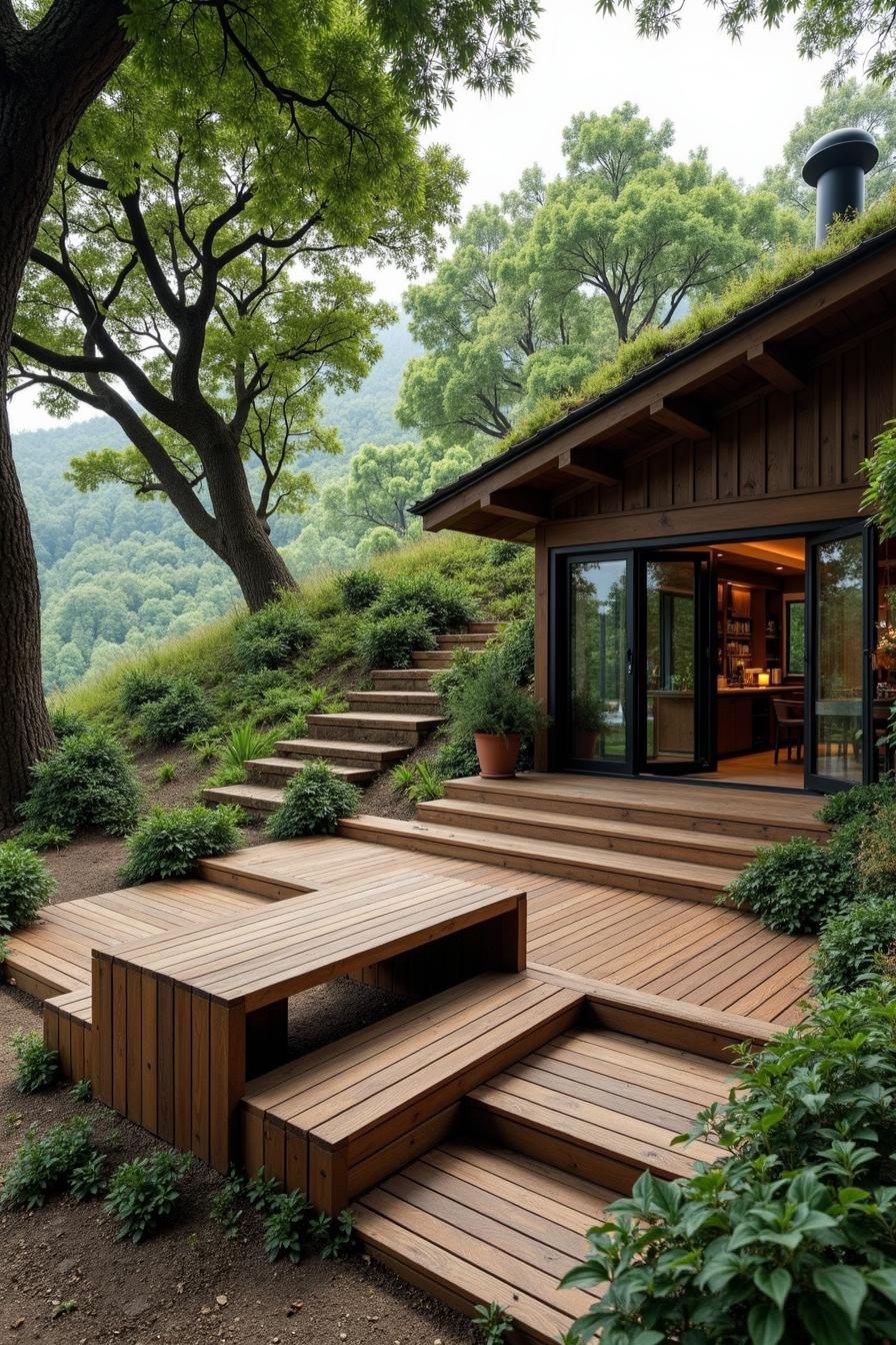 Wooden deck and stairs amidst lush greenery next to a cozy cabin