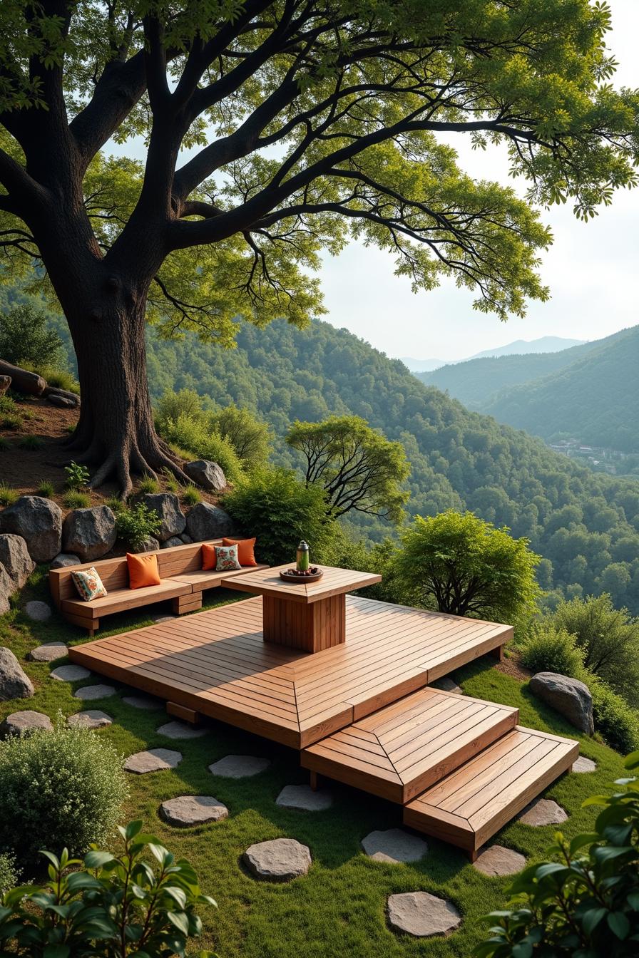 Outdoor wooden deck with seating, surrounded by lush greenery on a hillside