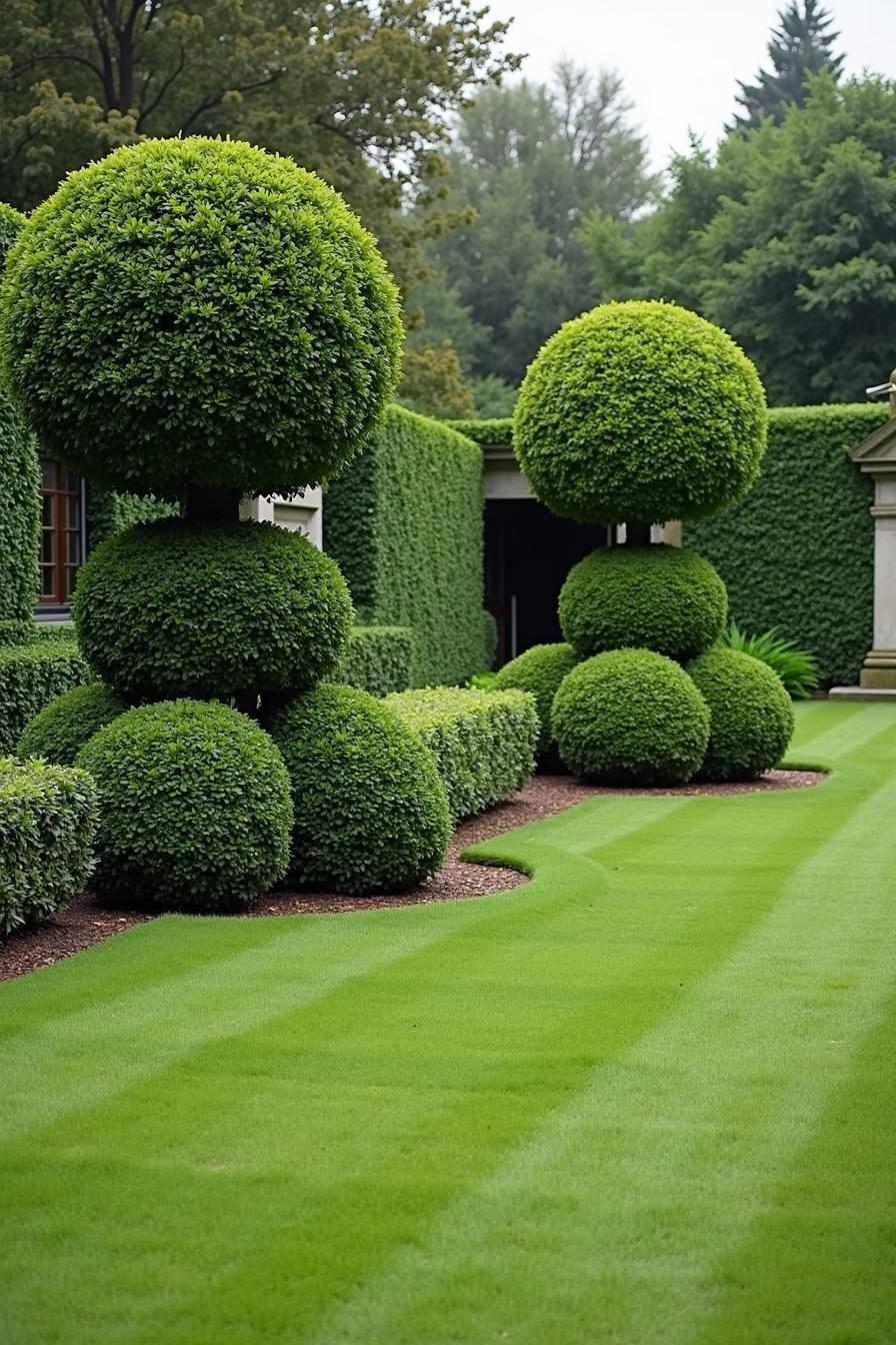 Green topiary creations in a garden pathway