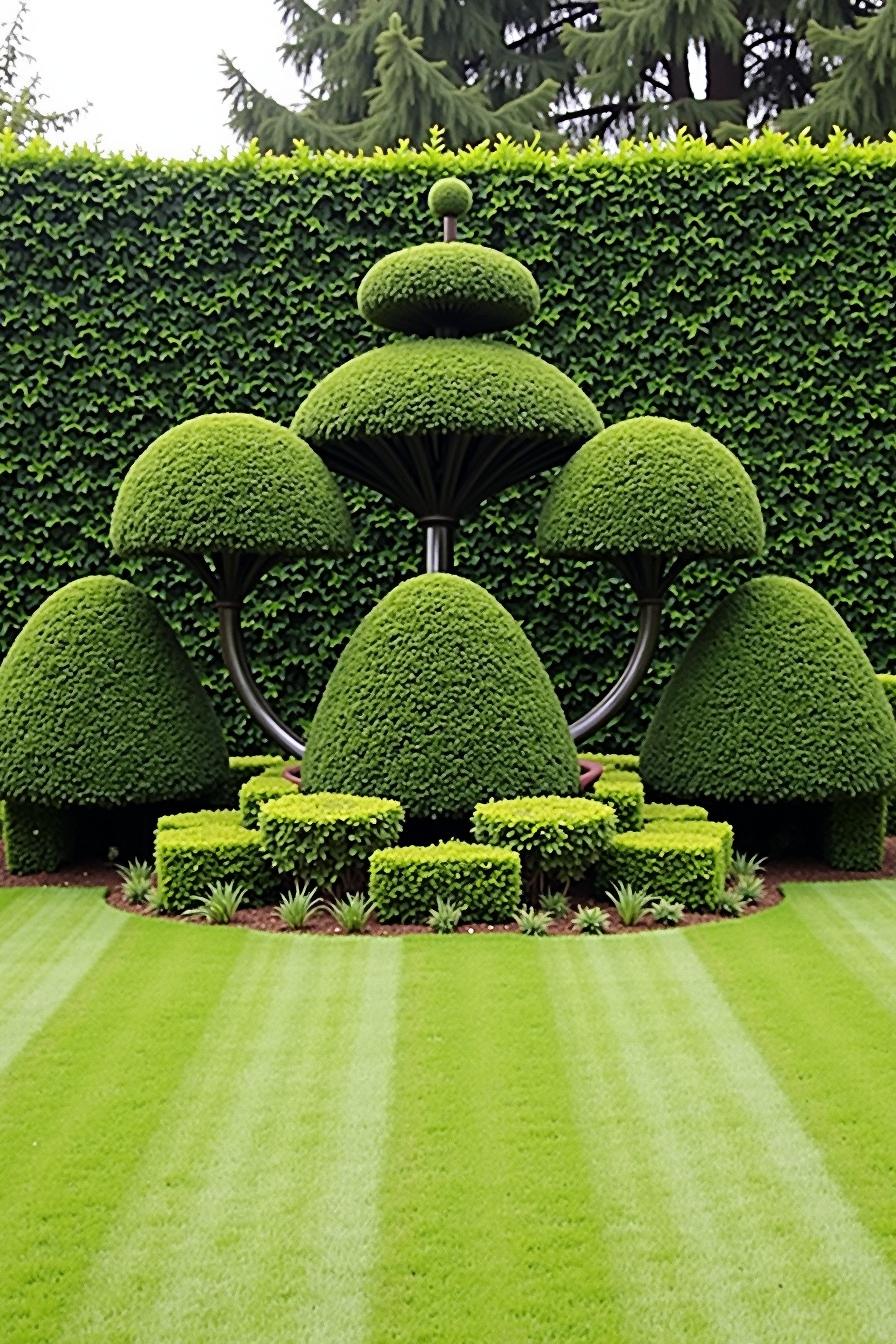 Giant mushroom-shaped topiary garden with lush green hedges