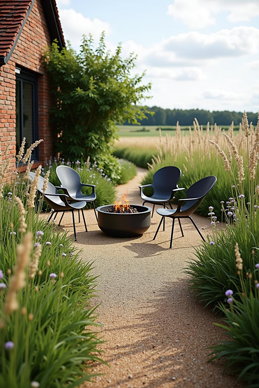 Charming outdoor seating area with a fire pit and lush greenery