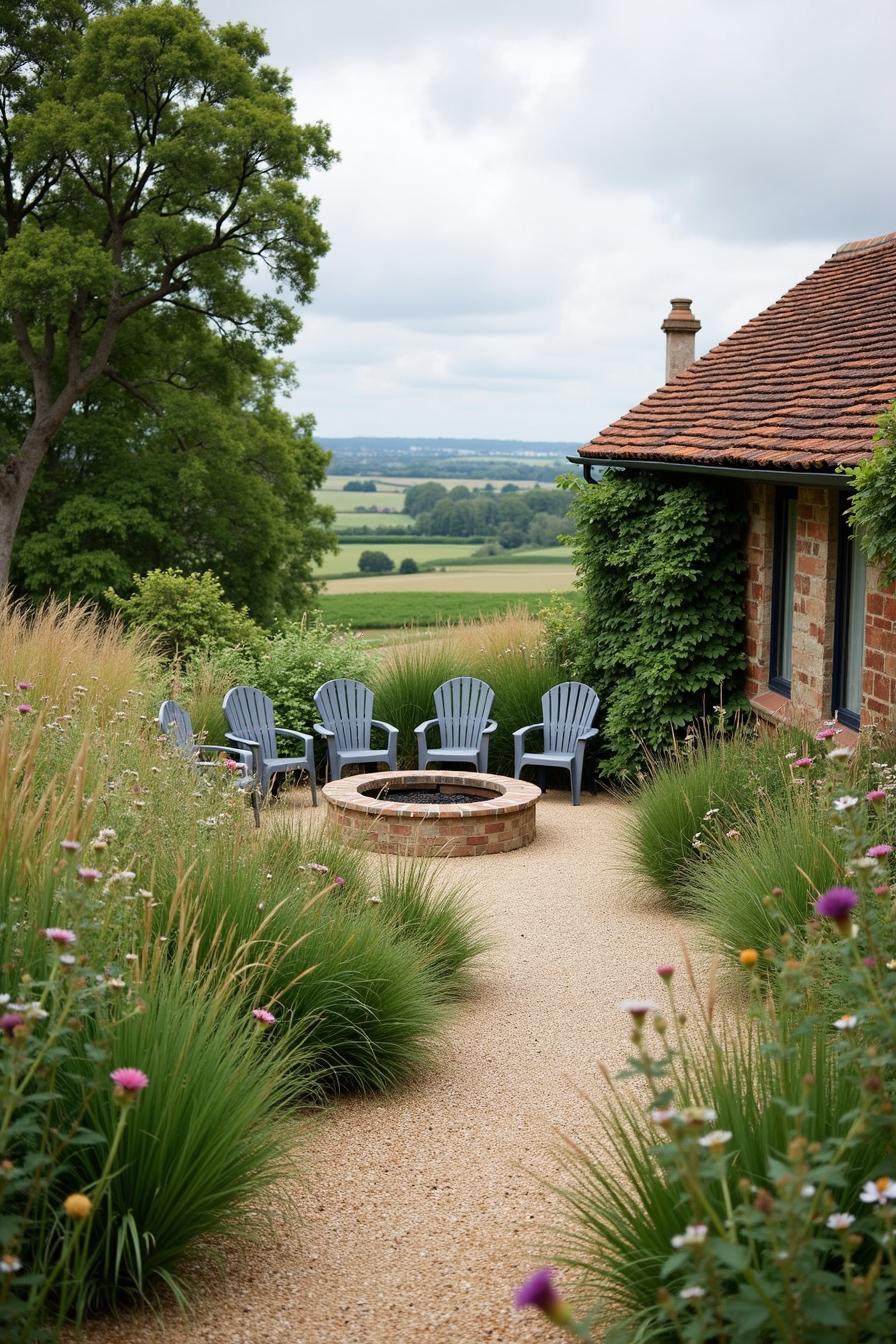 Garden seating encircling a fire pit