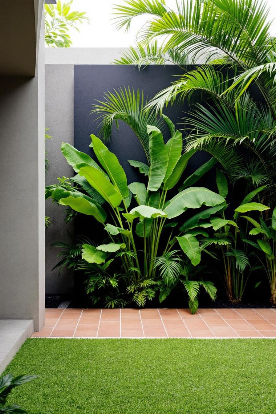 Tropical foliage by a sleek wall