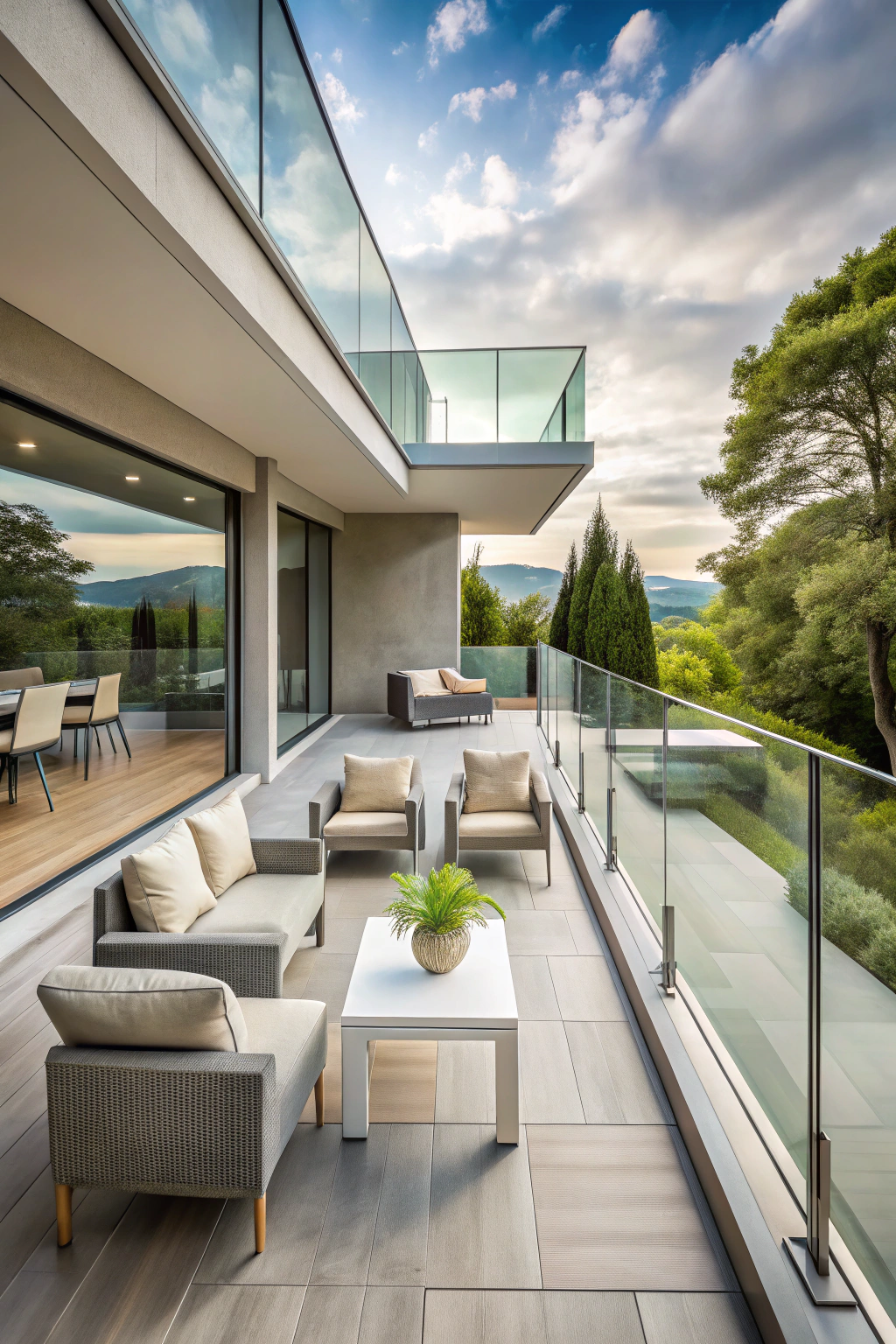 Modern terrace with sleek furniture and glass railing