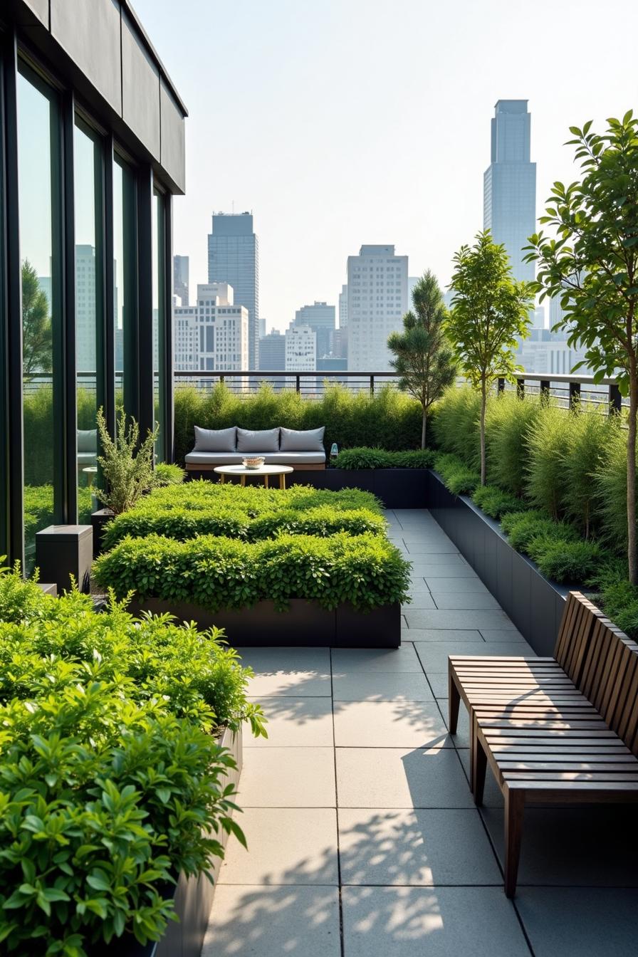 Rooftop garden with lush greenery and cityscape backdrop