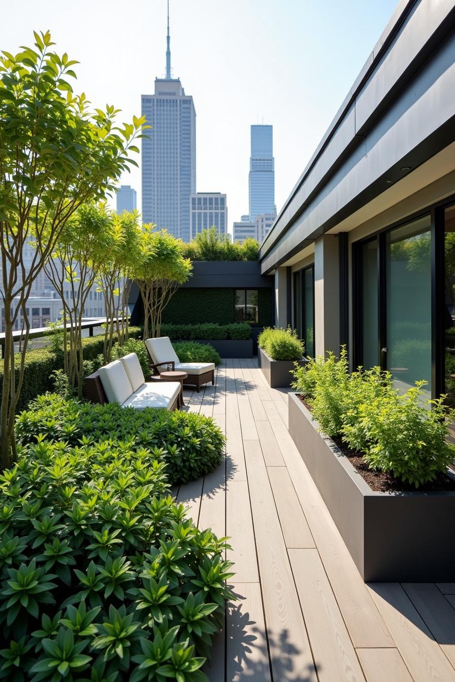 Lush rooftop garden with cityscape view