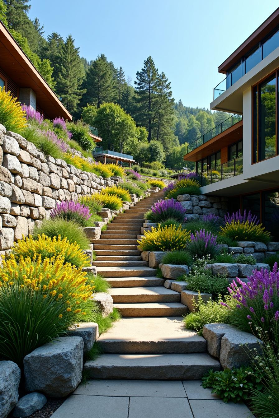 Stone steps adorned with vibrant flowers