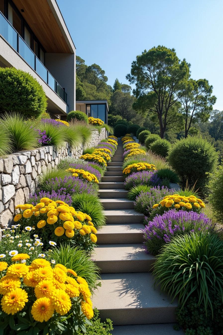 Stone steps lined with vibrant yellow and purple flowers on a hillside