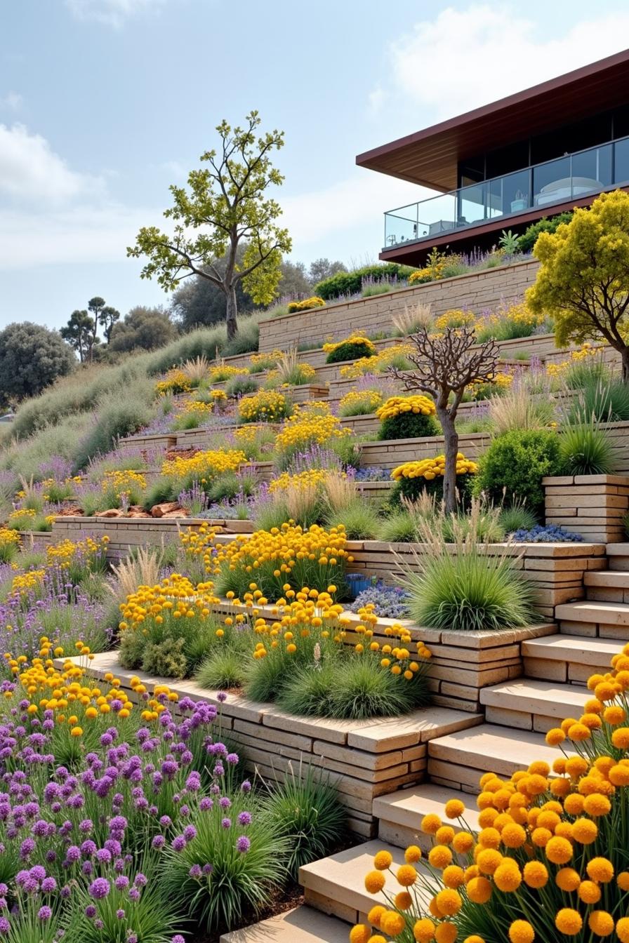 Terraced hillside with vibrant plants