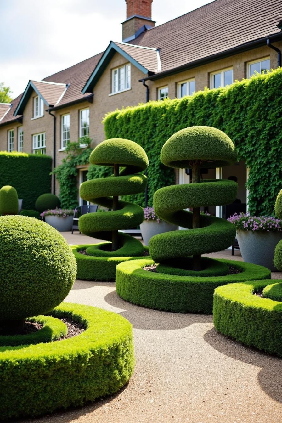 Spiral-shaped topiary shrubs in front of a house