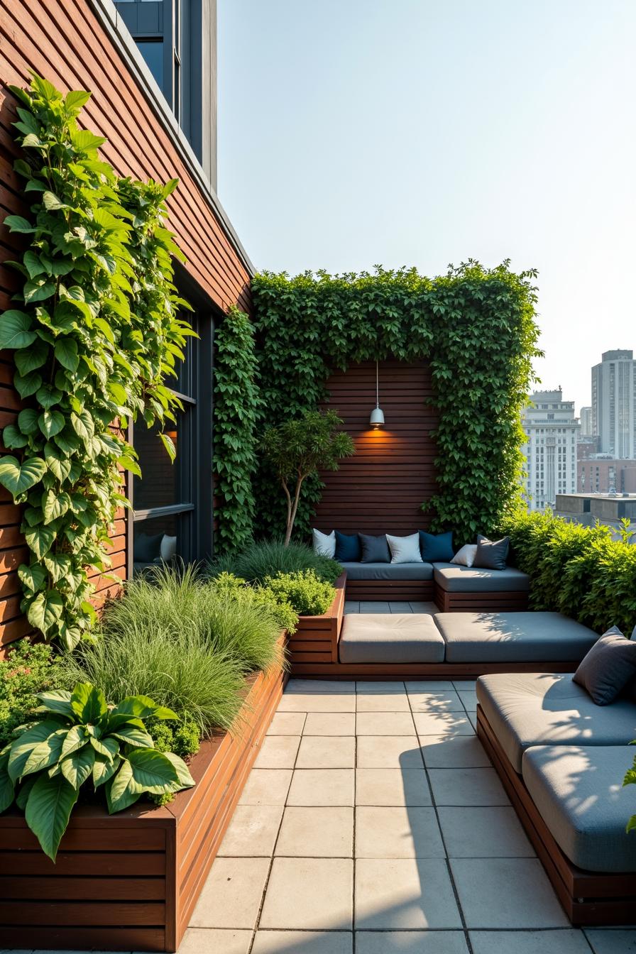 Rooftop deck with greenery and cozy seating